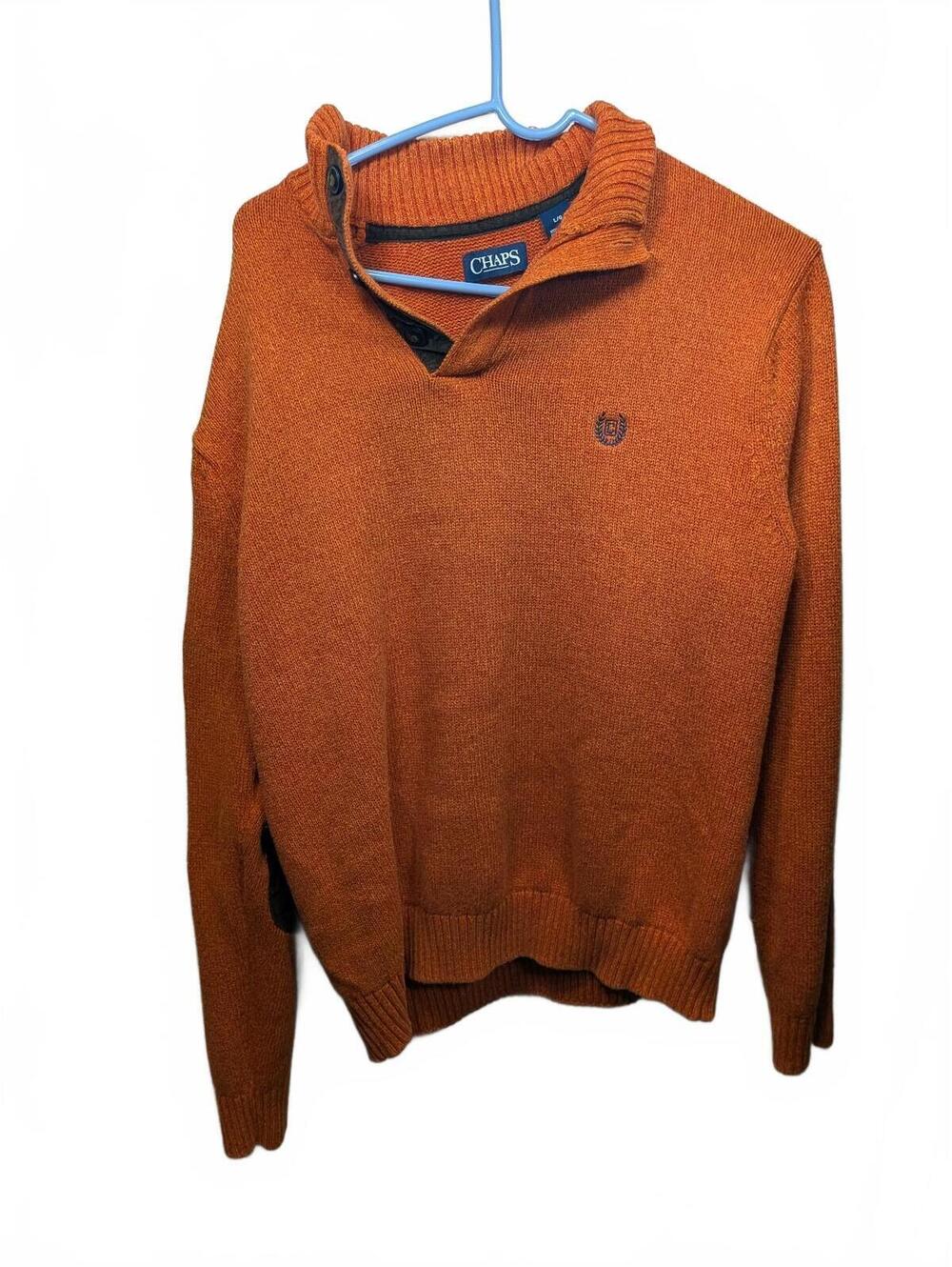 Chaps Men's Rust Orange Cardigan Sweater with Elbow Patches, Size L/XL